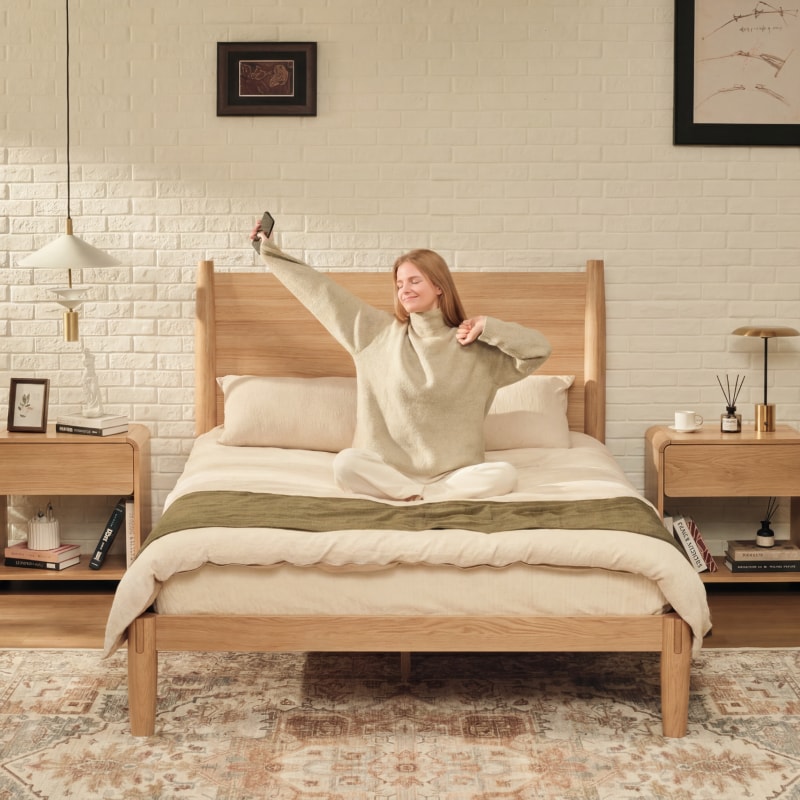 FlexiSpot Kana Retro Japanese Joinery Bed | Solid Wood Bed with